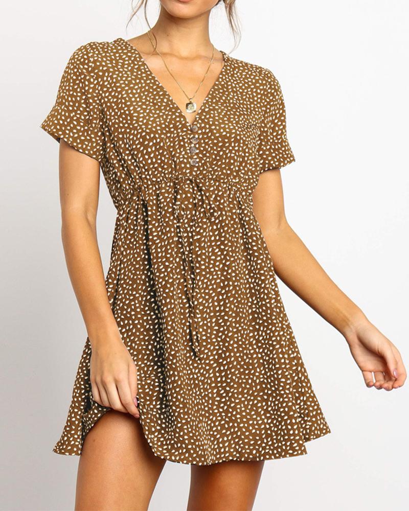 

Dotted V-Neck Mini Dress, Khaki