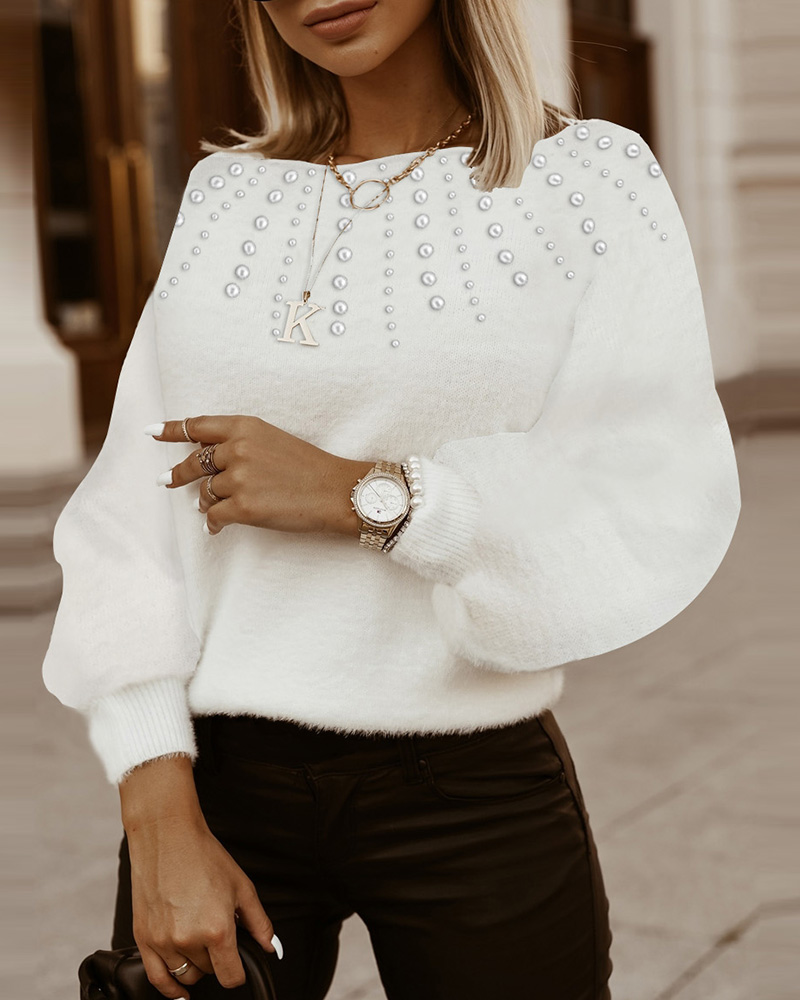 

Beaded Fluffy Lantern Sleeve Sweater, White