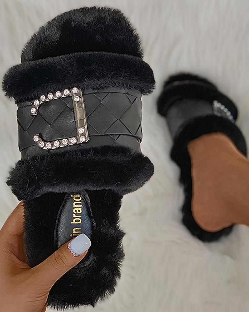 

Studded Quilted Fluffy Slippers, Black