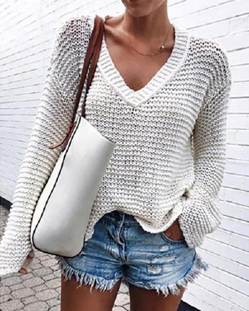 

V Neck Long Sleeve Casual Pointelle Sweater, White