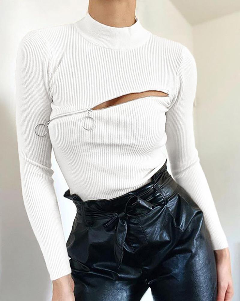 

Cut Out Zipper Design Blouse, White