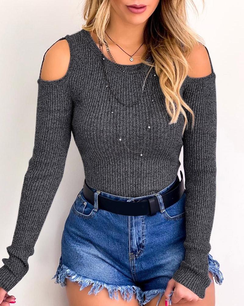 

Ribbed Cold Shoulder Ring Detail Top, Gray