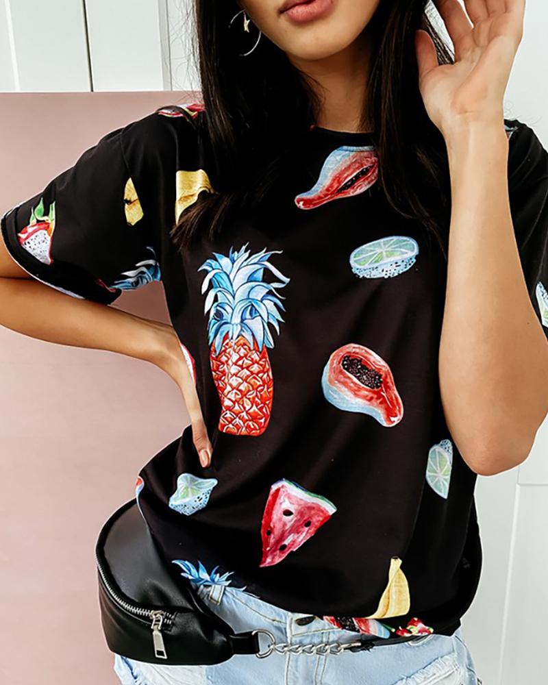 

Short Sleeve Fruit Print T-Shirt, Black