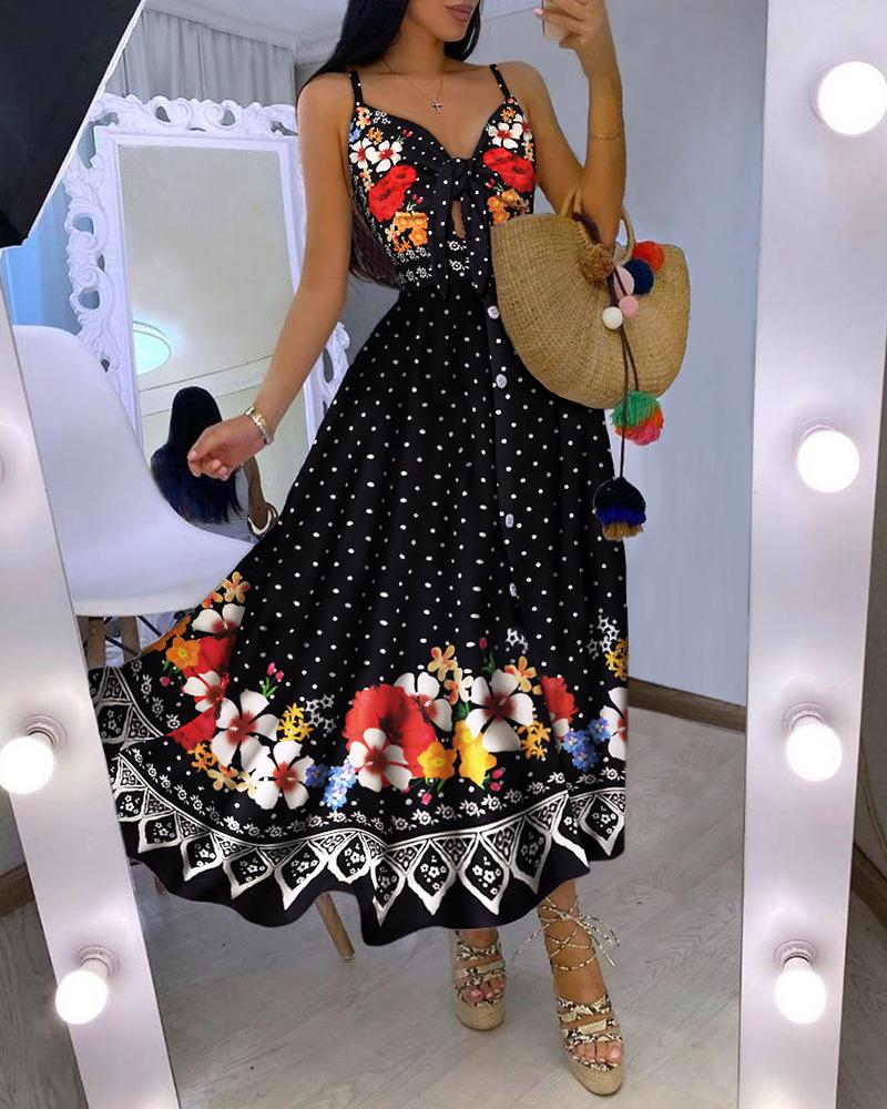 

Floral Polkadot Print Knotted Front Cutout Button Maxi Dress, Black
