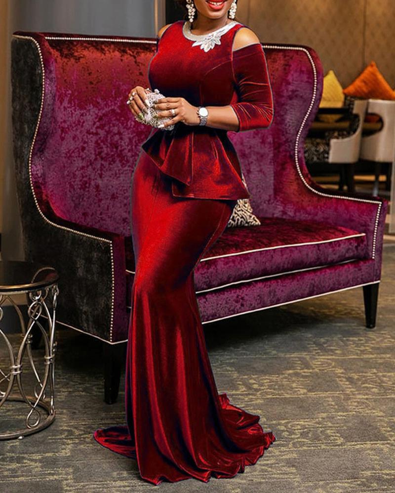 

Velvet Cold Shoulder Evening Dress, Red