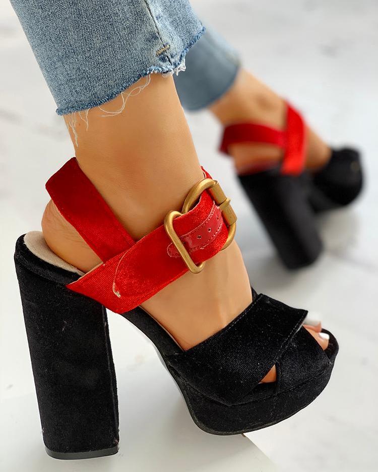 

Crisscross Buckle Chunky Heeled Sandals, Red&black