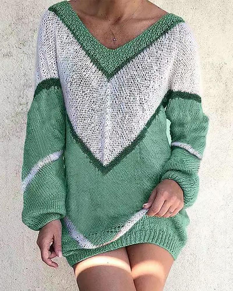 

Colorblock Long Sleeve Longline Sweater, Green