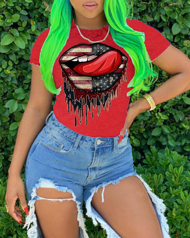 

Lip / Flag / Letter Print Short Sleeve Casual T-shirt, Red