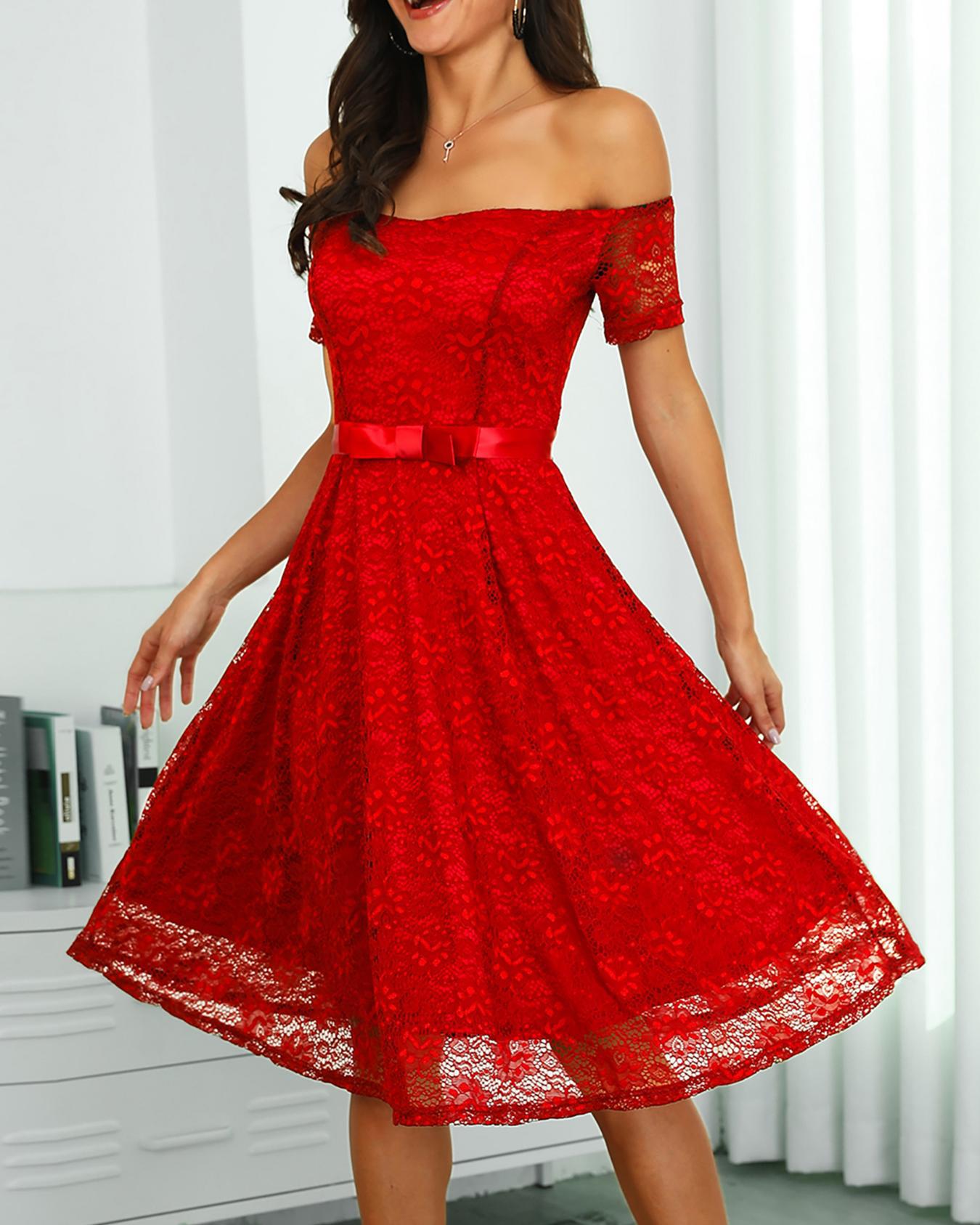 

Knot Back Off Shoulder Lace Dress, Wine red