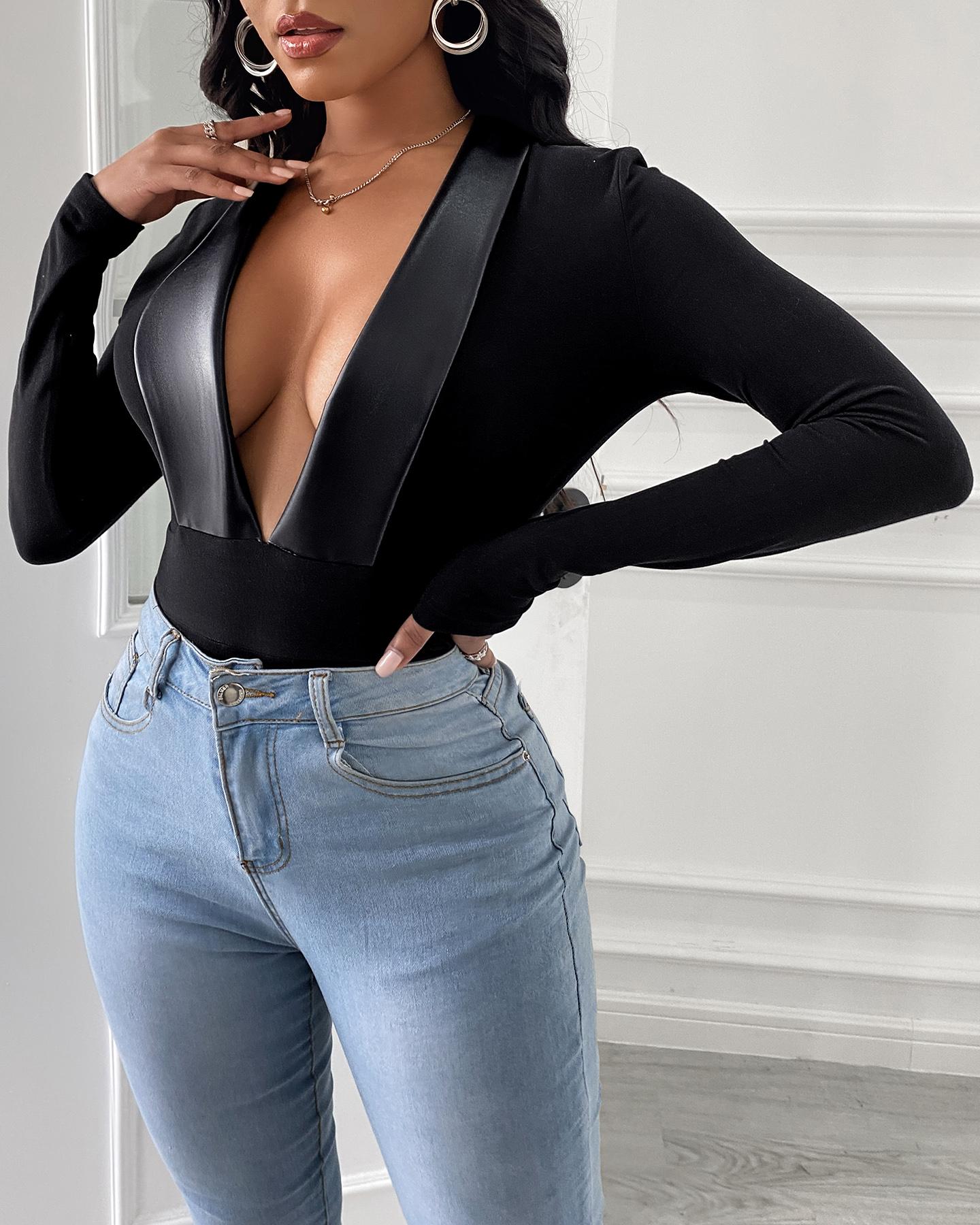 

Plain Long Sleeve Plunge Bodysuit, Black