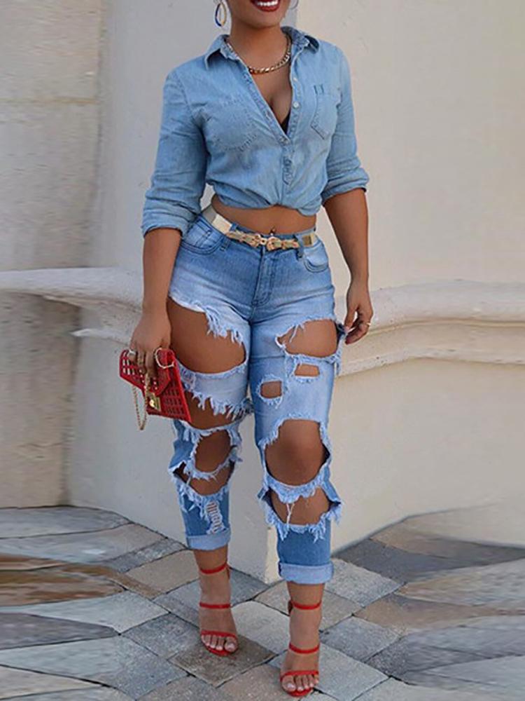 

Boyfriend Raw Cut Trim Ripped Jeans, Light blue