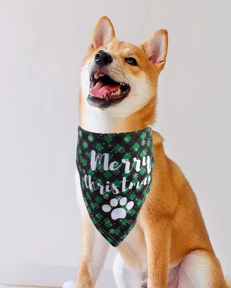 

Christmas Plaid Letter Paw Print Triangle Bandanas For Pets, Green