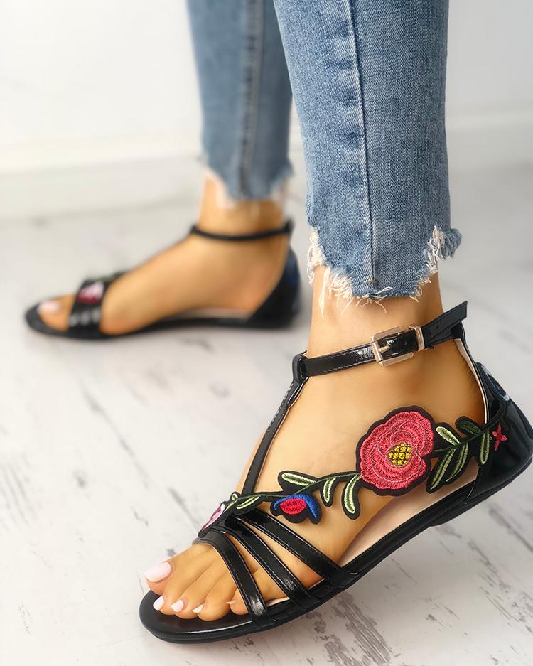 

Rose Embroidered Multi-strap Flat Sandals, Black