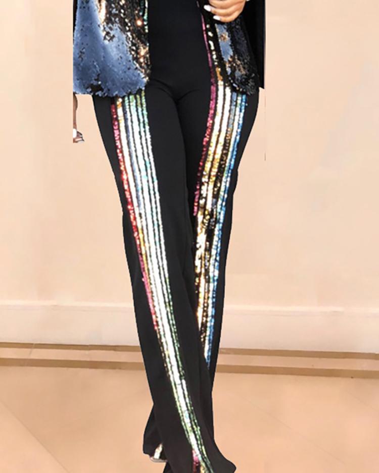 

High Waist Colorful Sequin Insert Pants, Black