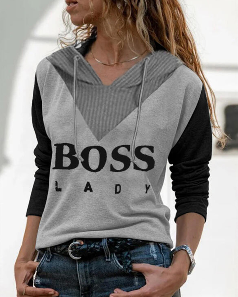 

Letter Print Patchwork Long Sleeve Hooded Sweatshirts, Gray