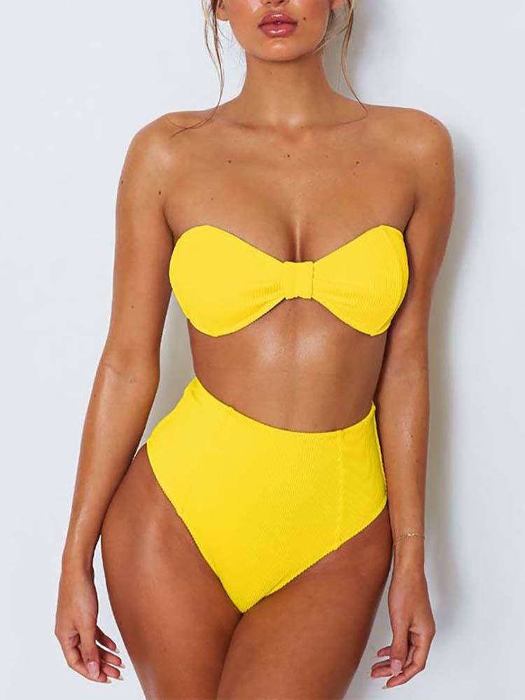

Sexy Solid Strapless High Waist Bikini Sets, Yellow