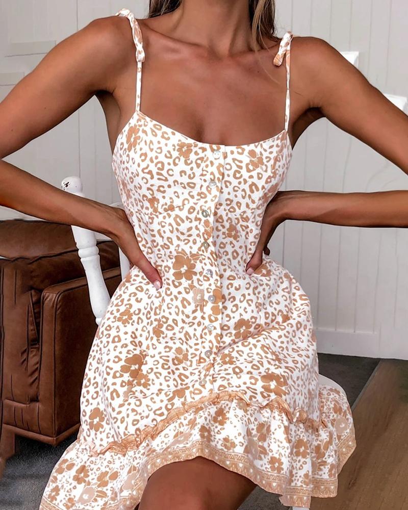 

Spaghetti Strap Floral Cheetah Print Ruffles Dress, Khaki