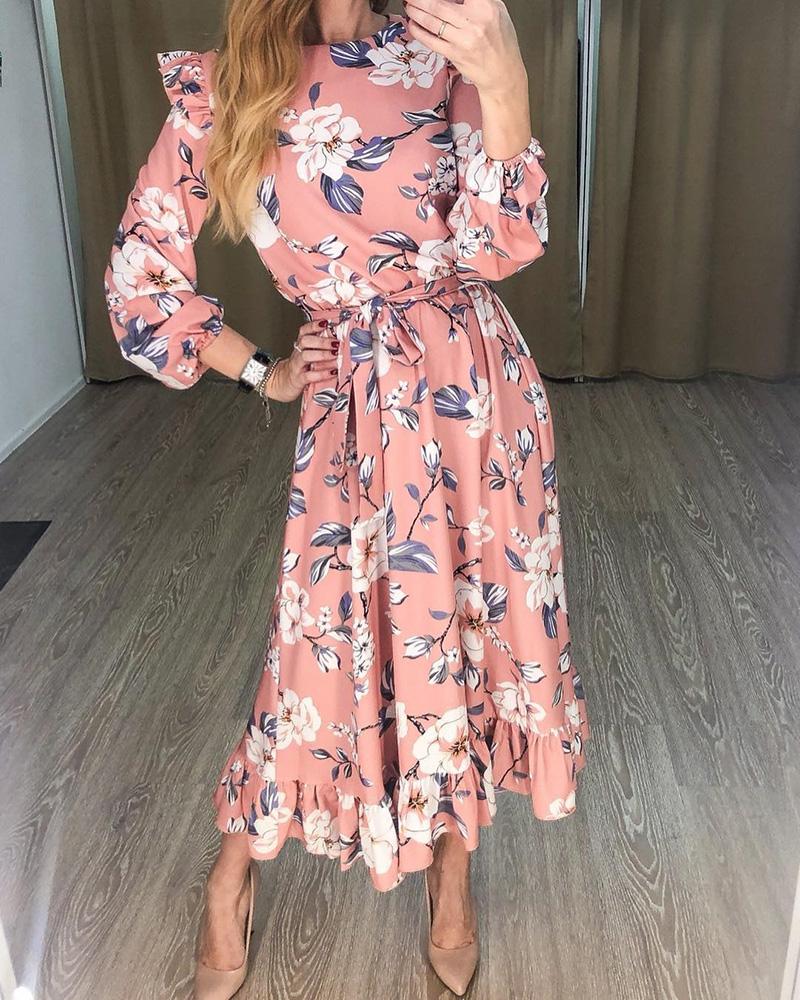 

Lantern Sleeve Ruffles Floral Print Dress, Pink