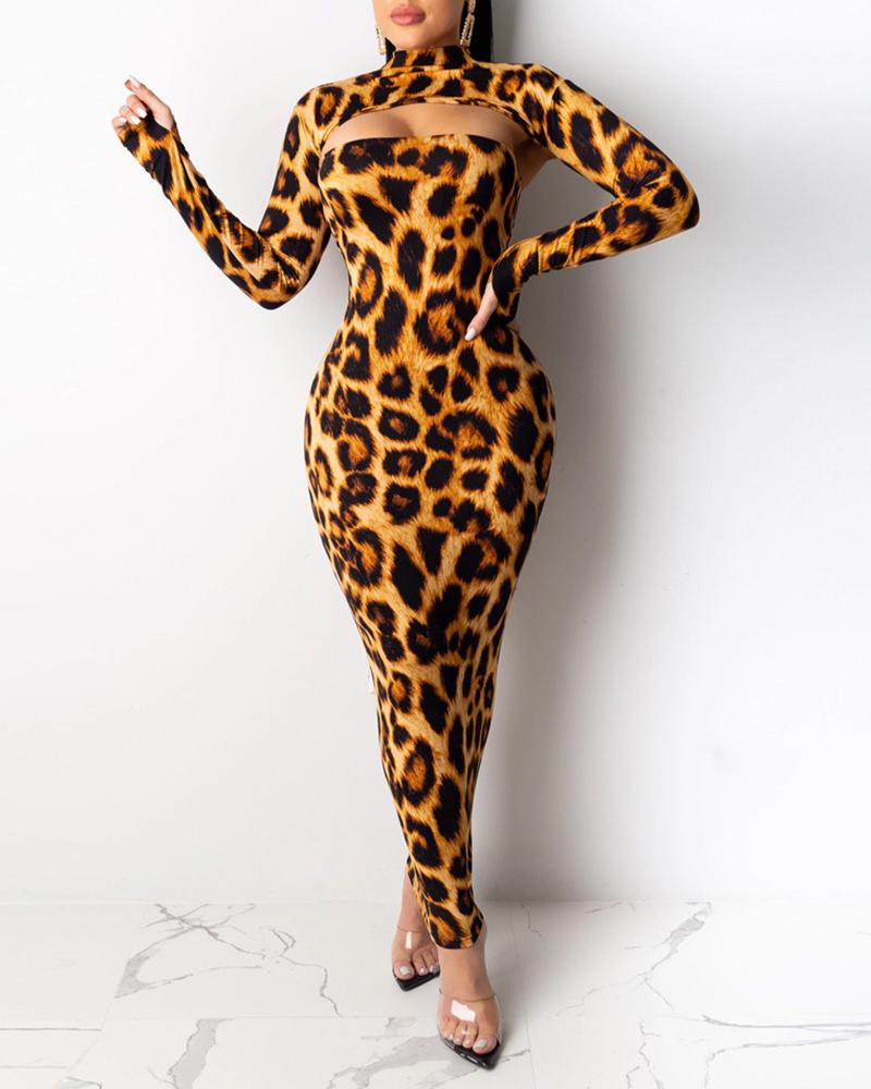 

Print Mock Neck Long Sleeve Top & Tube Dress Sets, Leopard