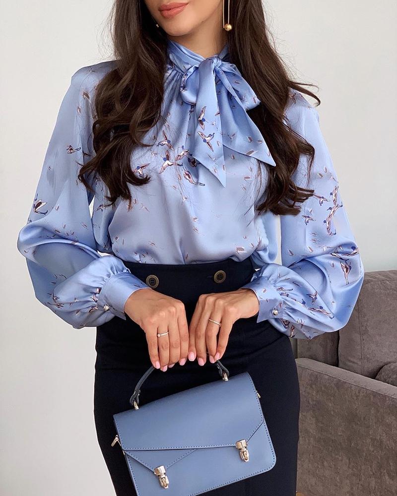 

Bird Print Lantern Sleeve Stain Blouse, Blue