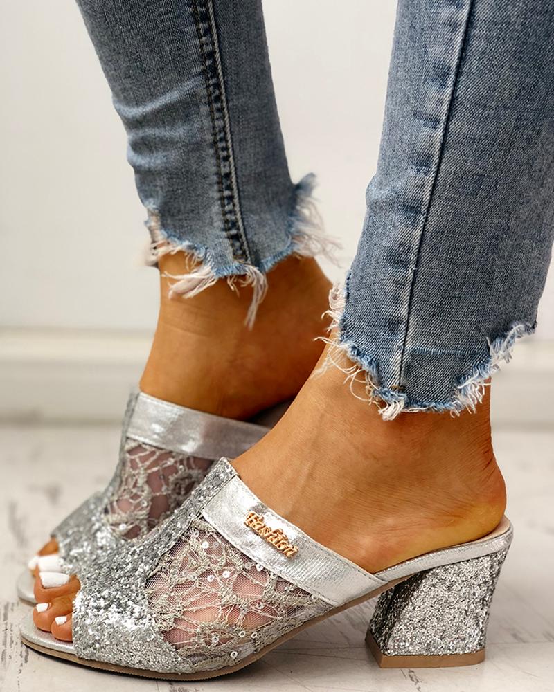 

Sequins Mesh Chunky Heeled Sandals, Silver