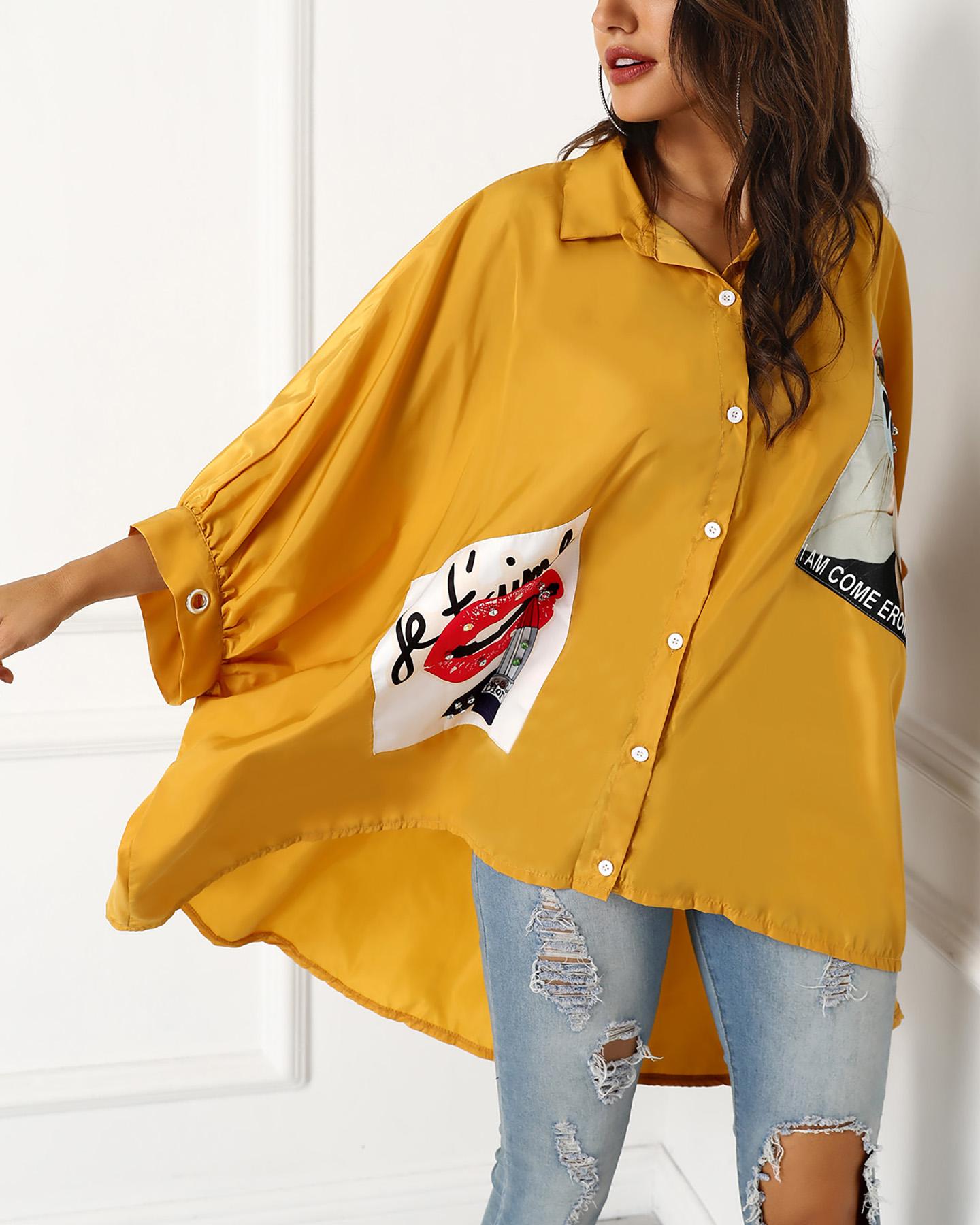 

Print Patch Design Dip Hem Shirt, Yellow