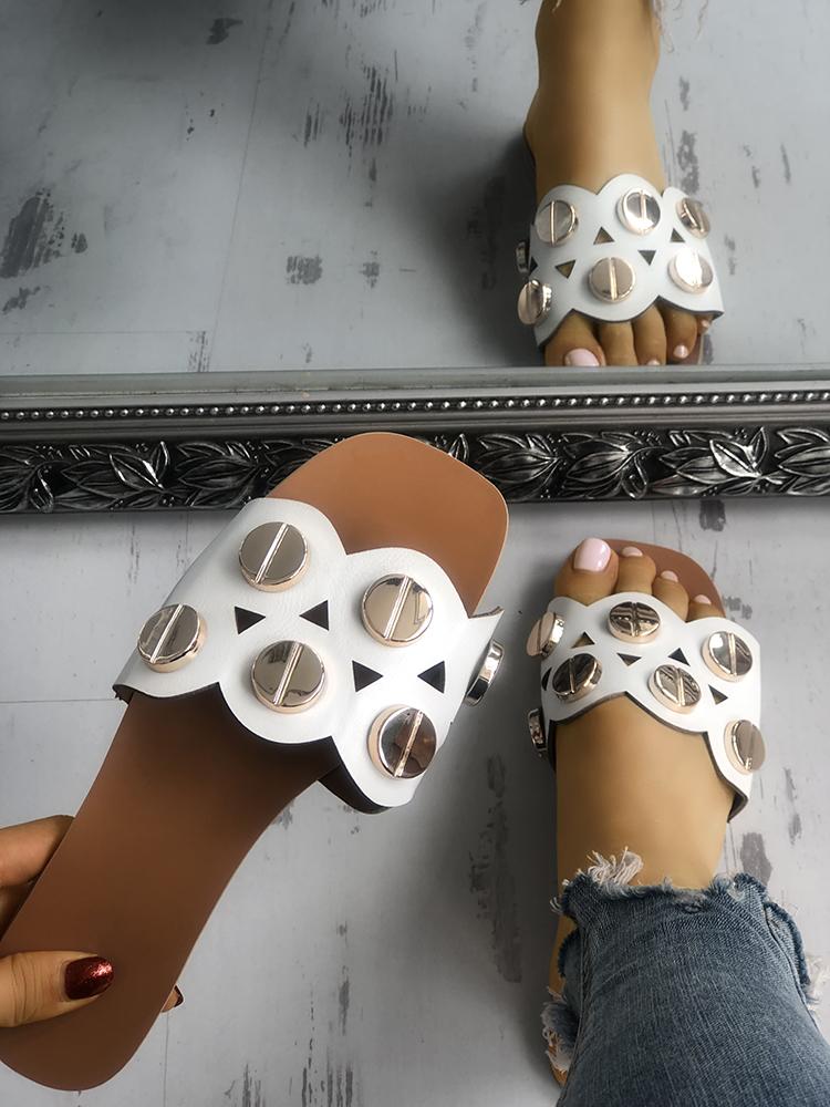 

Snap-button Hollow Out Single Strap Sandals, White