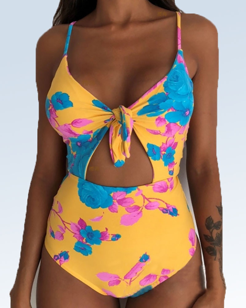 

Print Tied Lace-Up Back One Piece Swimsuit, Orange