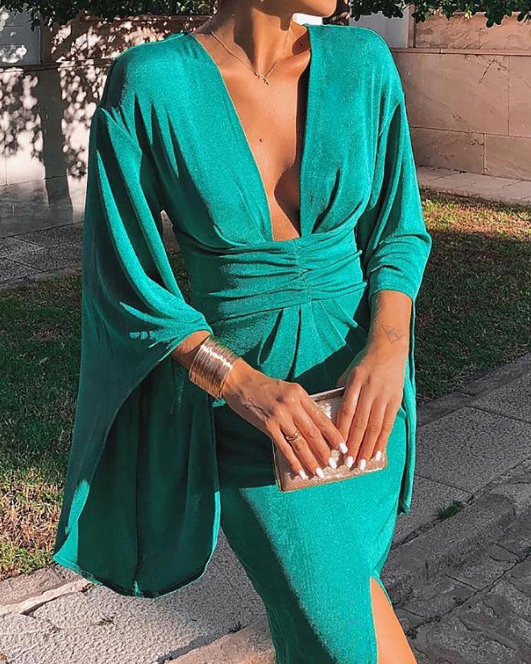 

Plunge Flared Sleeve Ruched Slit Bodycon Dress, Green