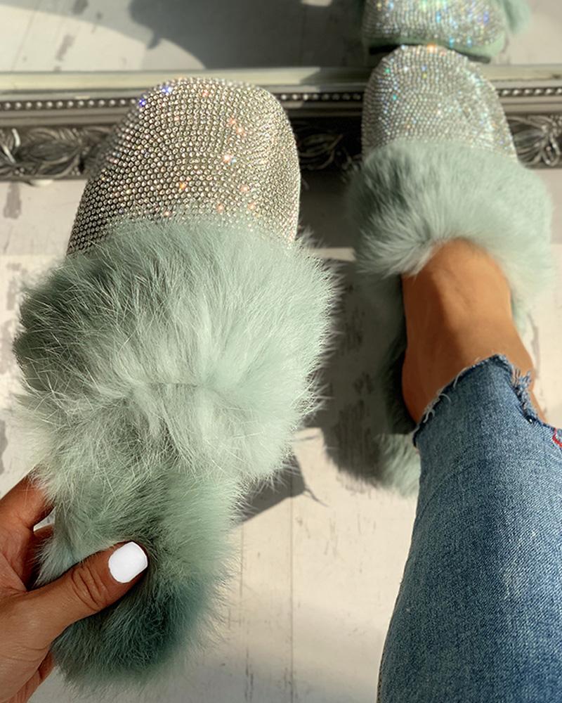 

Fluffy Glitter Sequins Flat Shoes, Green