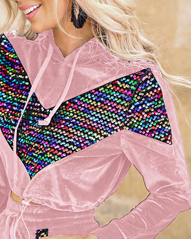 

Studded Colorblock Velvet Hooded Top & Pants Set, Pink