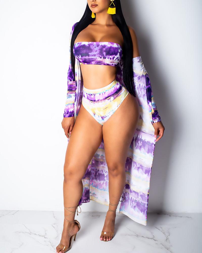 

3 Piece/Set Tie Dye Print Bikini And Shawl Set, Purple