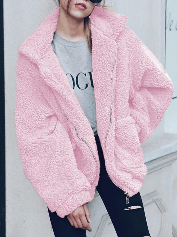 

Fluffy Zipper Up Pocket Design Oversized Coat