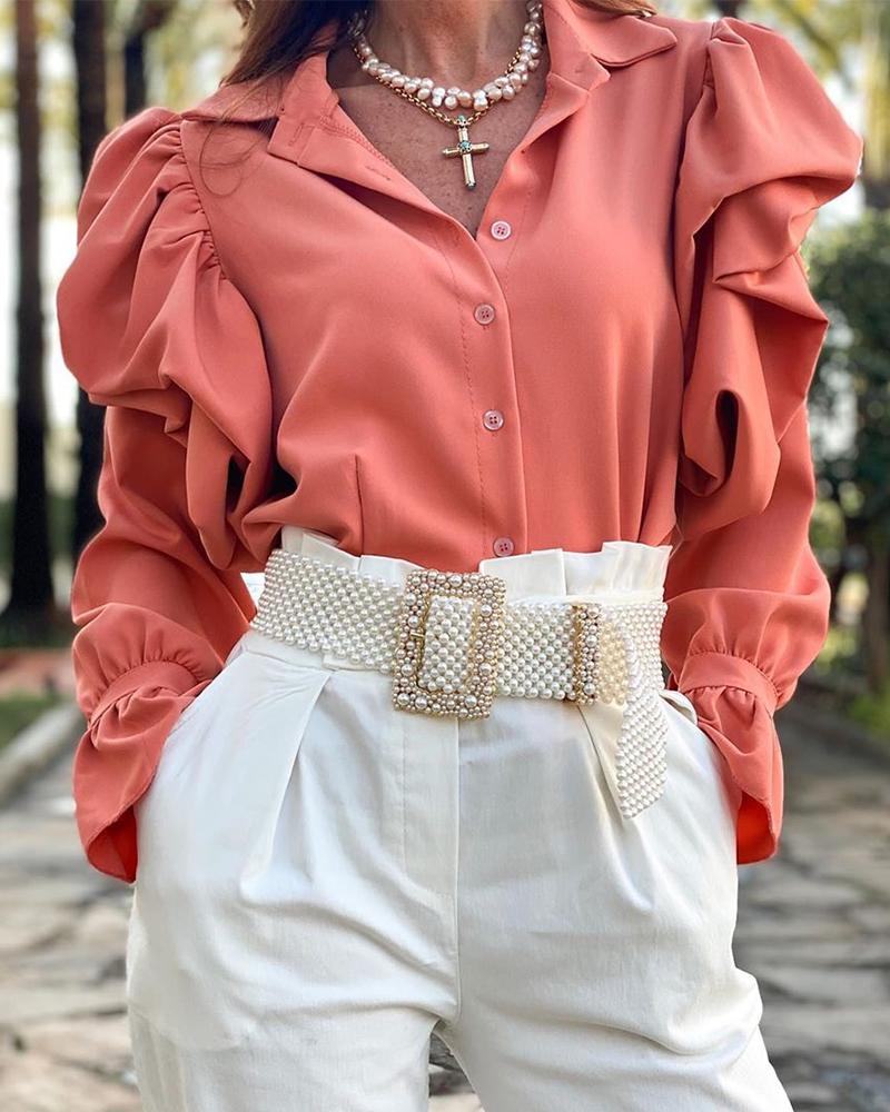 

Solid Puff Sleeve Button Blouse, Pink