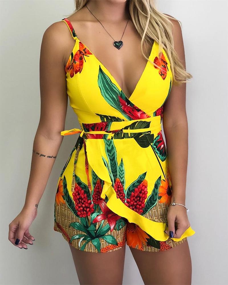 

Tropical Print Tie Waist Cami Romper, Yellow