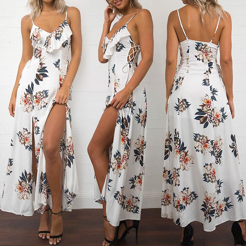 

Fashion Floral Frilled M Slit Maxi Slip Dress, White