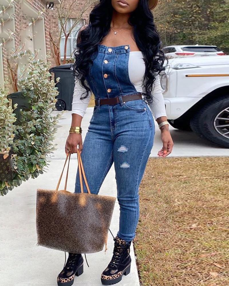 

Sleeveless Buttoned Denim Jumpsuit, Blue