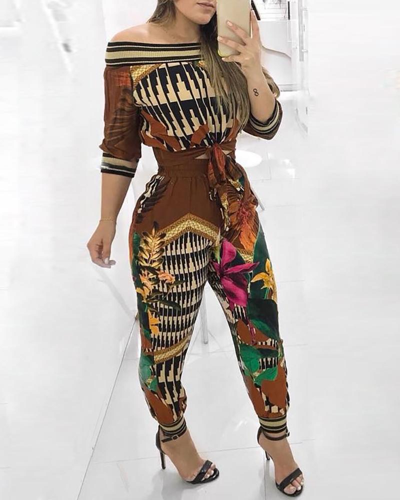 

Off Shoulder Botanical Print Top & Pants Sets