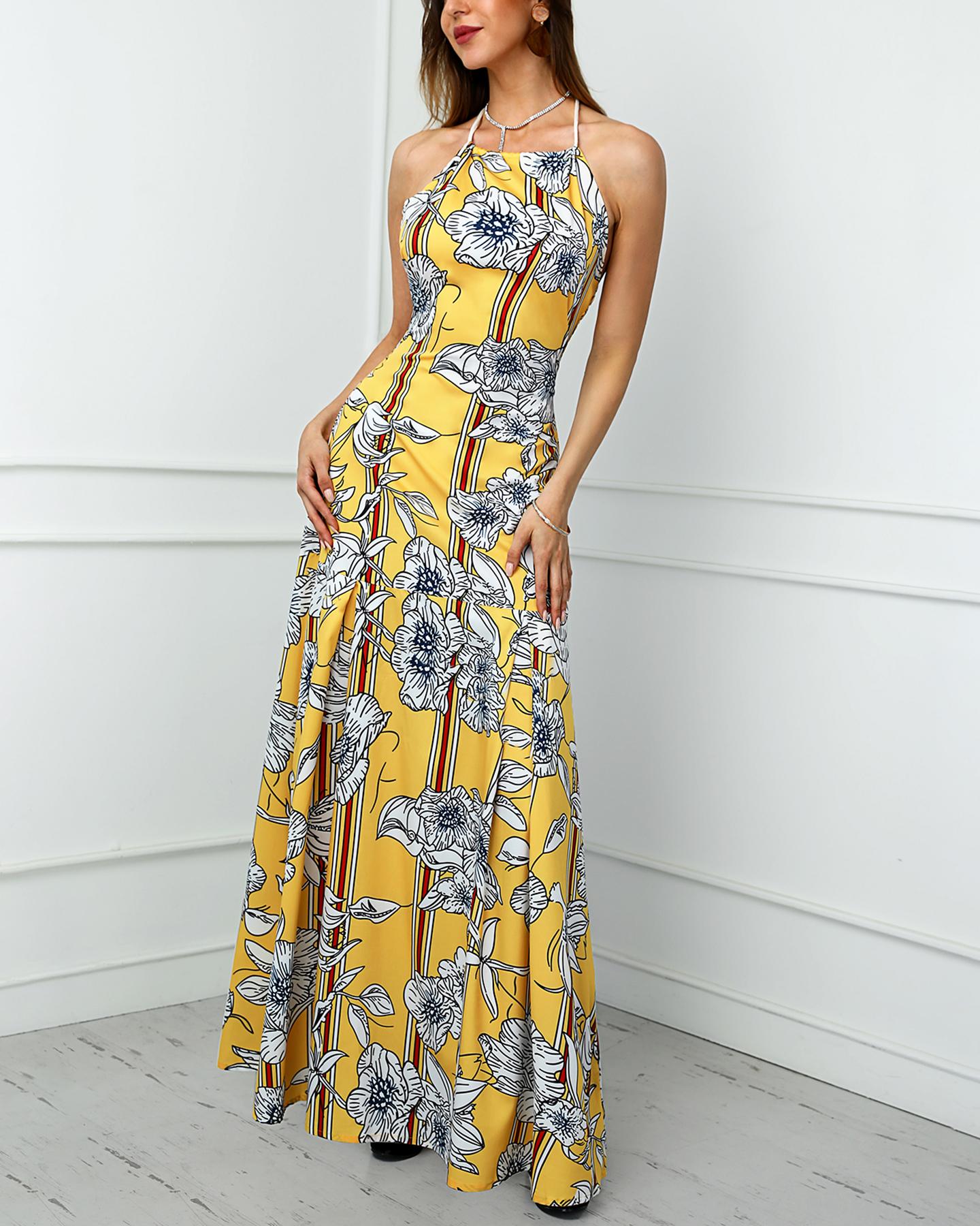 

Floral Print Halter Maxi Dress, Yellow