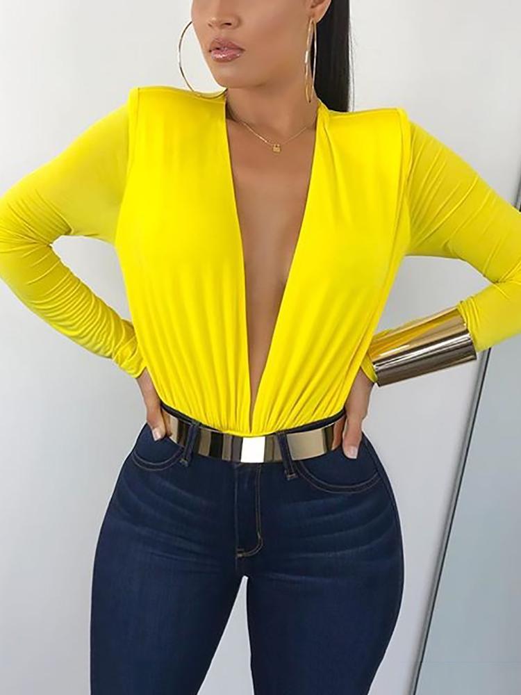 

Deep V Long Sleeve Solid Color Bodysuit