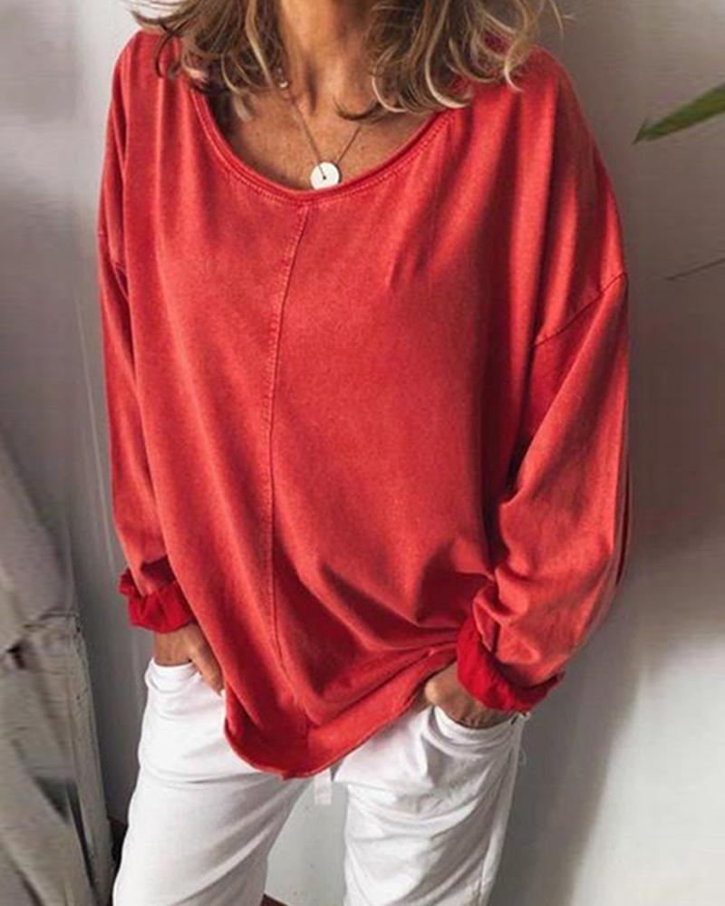 

Solid Color Loose Sleeve Pullover Tops, Red