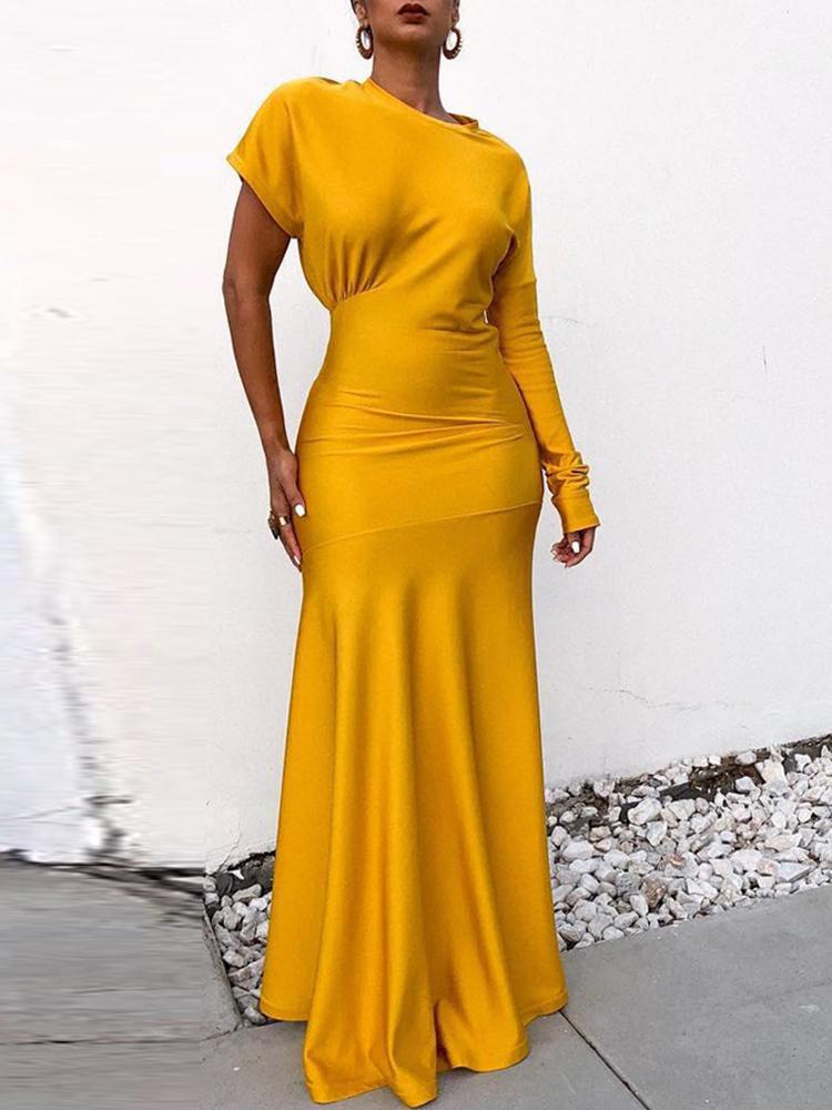 

Irregular Sleeve Ruched Evening Dress, Yellow