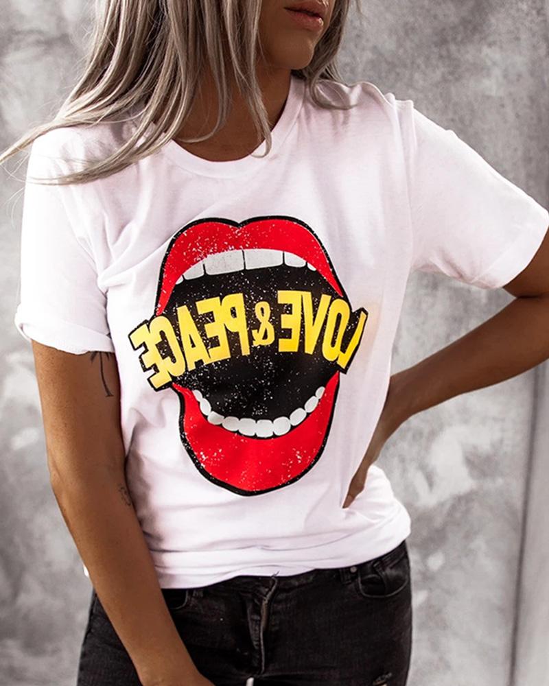 

Lip Pattern Letter Print Short Sleeve T-shirt, White