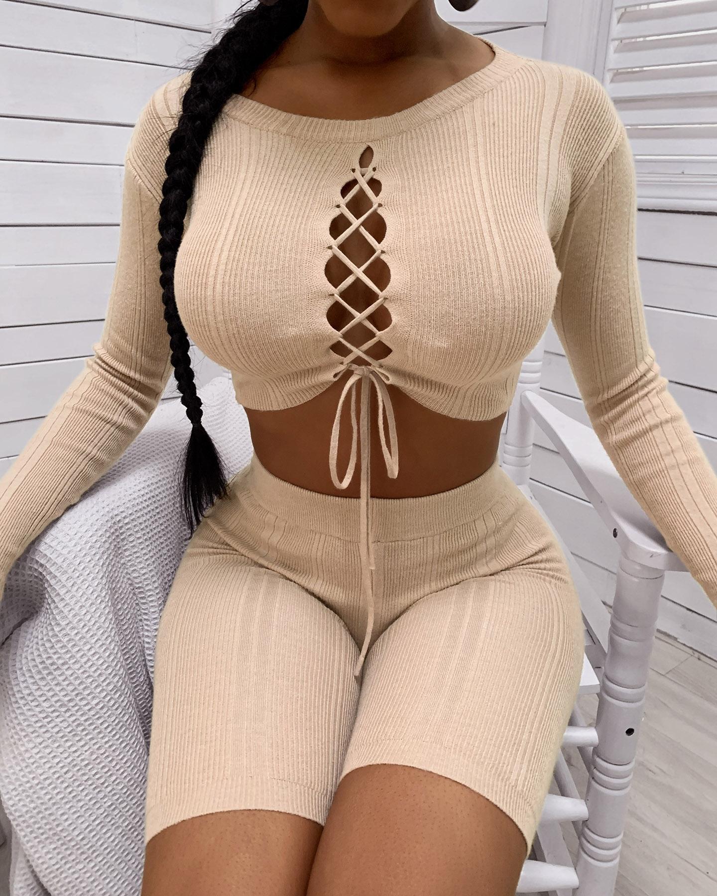 

Ribbed Lace Up Crop Top & Shorts Set, Apricot