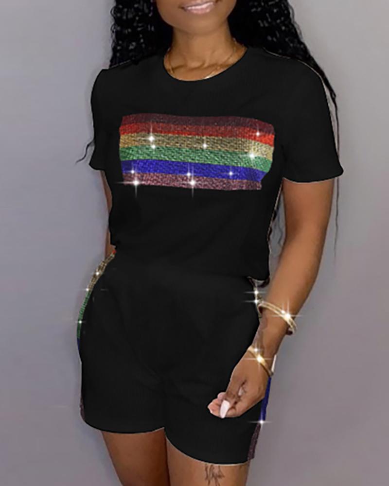

Colorful Sequins T-Shirt & Short Sets, Black