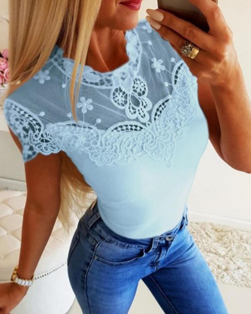 

Solid Round Neck Lace Top, Blue