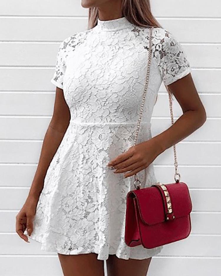 

Short Sleeve Floral Crochet Lace Dress, White