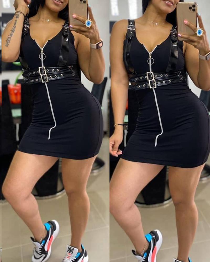 

PU Strap Zipper Design Bodycon Dress, Black