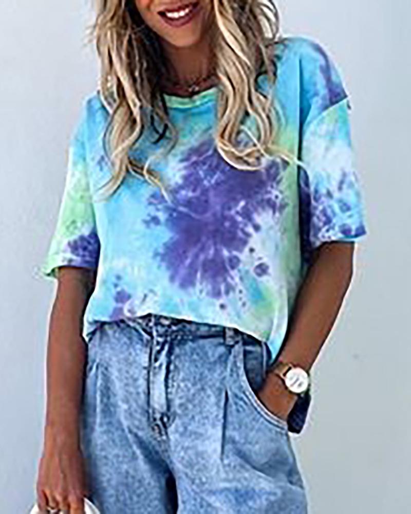 

Tie Dye Print Short Sleeve Casual T-shirt, Blue
