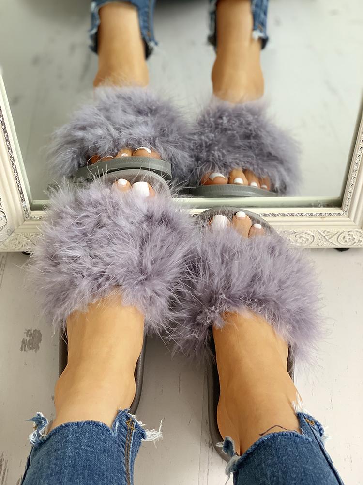 

Open Toe Fluffy Embellished Flat Sandals, Gray